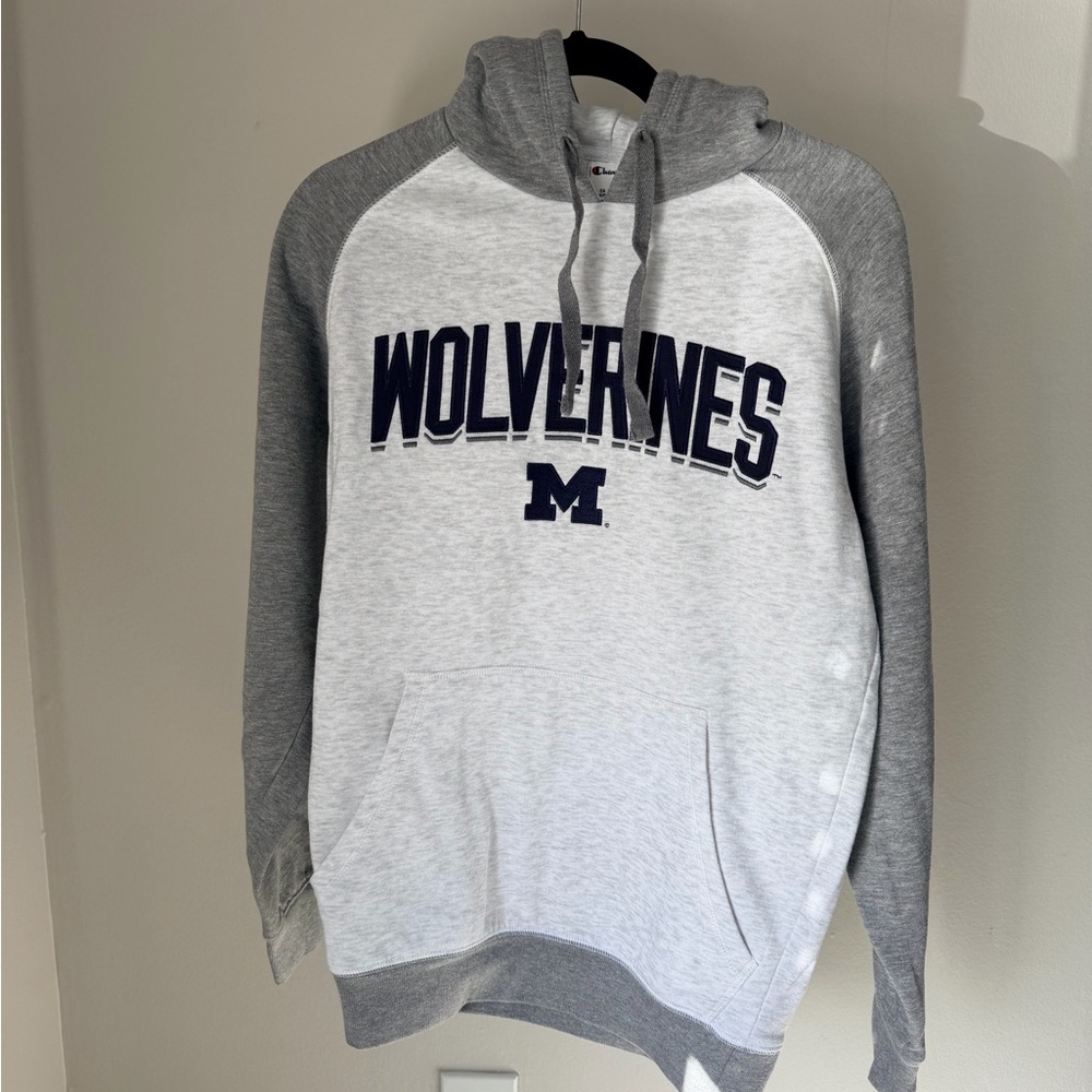 Champion Wolverines Two-Tone Grey Pullover Hoodie with Navy Logo